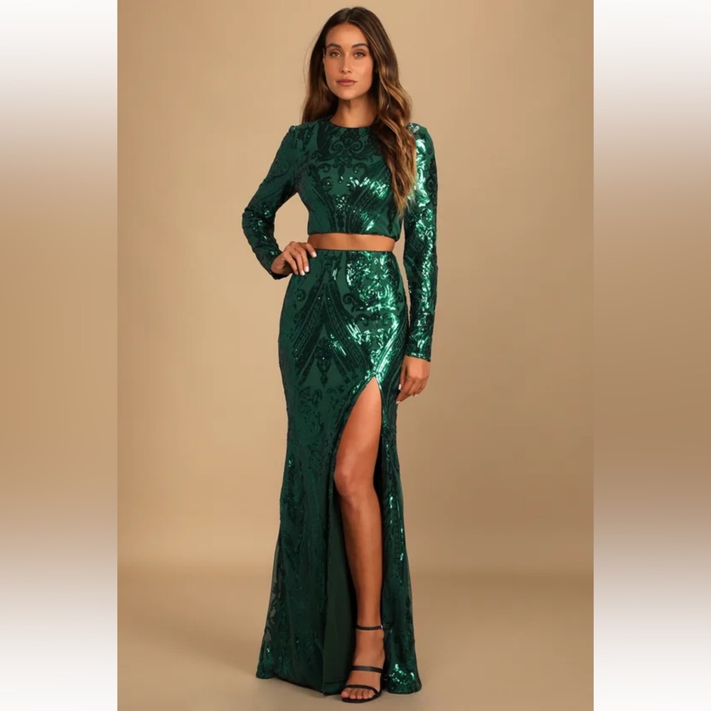Luxe Aesthetic Green Sequin Long Sleeve Two-Piece Maxi Dress